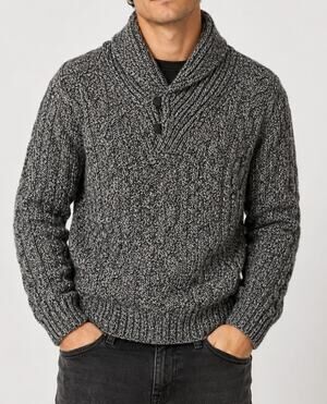 L. L. Bean Men's 100% Shetland Wool Shawl Collar Sweater Cable Knit Fisherman